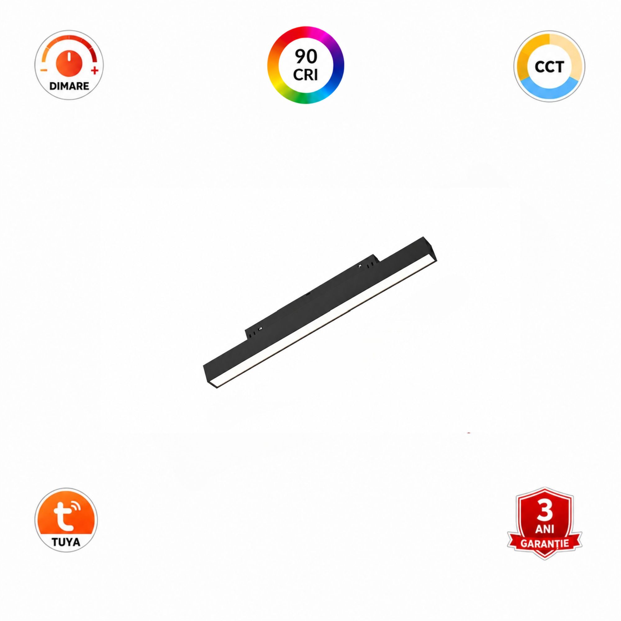 Spot liniar smart pentru șină magnetică cu LED integrat, putere de 10W, flux luminos de 950 lumeni, indice de redare a culorilor CRI 95 și lungime de 300 mm.
