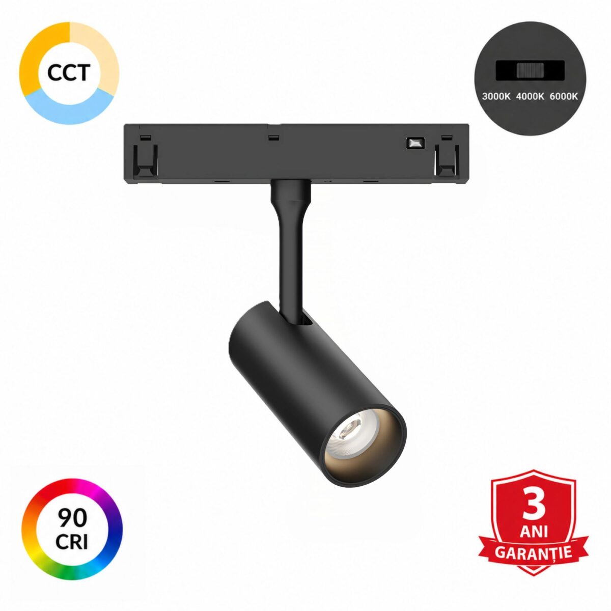 Spot orientabil pentru șină magnetică cu LED integrat, putere de 6W, flux luminos de 440 lumeni și diametru de 35 mm.