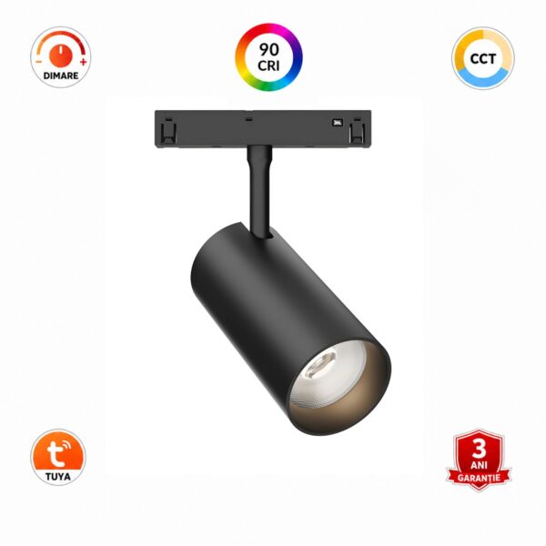 Spot orientabil smart pentru șină magnetică cu LED integrat, putere de 18W, flux luminos de 1580 lumeni, indice de redare a culorilor CRI 95 și diametrul de 60mm