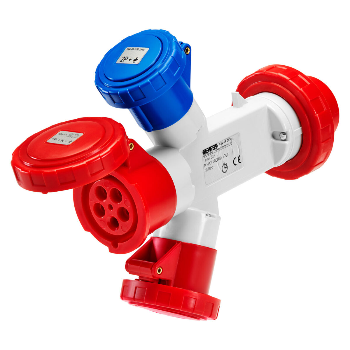 Adaptor Multiple-socket IP67 – Fisa 2P+E 32A 230V C.A. 50/60HZ – 3 Prize 2P+E 16A 230V C.A. Adaptor Multiple-socket IP67 - Fisa 3P+N+E 32A 400V C.A. 50/60HZ - 2 Prize 2P+E 16A 230V C.A. + 1 Priza 3P+N+E 32A 400V C.A.