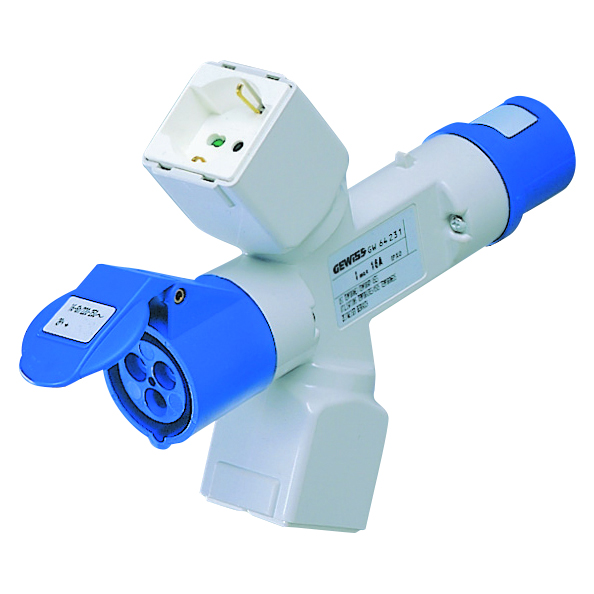 Adaptor Ramificat IP44 - 2 Prize Ramificate - Cu Fir - Fisa 3P+N+E 16A 400V50/60HZ - 2 Prize (P17/11) + 1 (P30-P17) + 1 3P+N+E 16A 400V C.A.