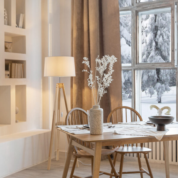 Lampadar Le Roy 12W, Alb, Bej si Textil, Lemn Nova Luce