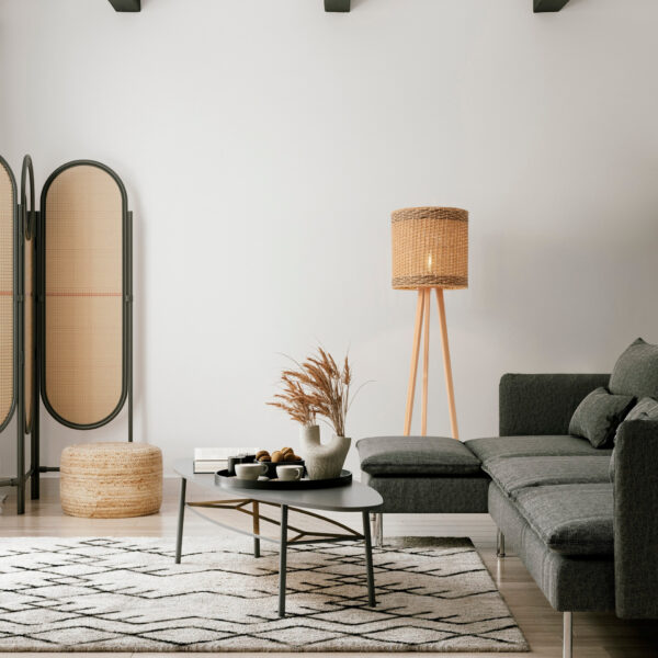 Lampadar Plette 12W, Negru, Bej si Lemn, Ratan Nova Luce
