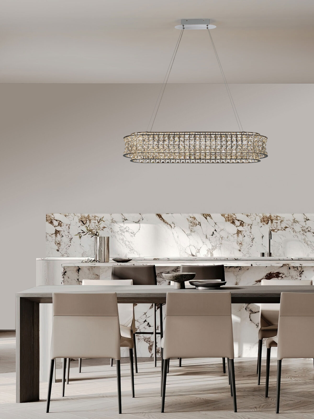 Lustra Celysia 74W 3500 K, Crom si Metal, Cristal Nova Luce