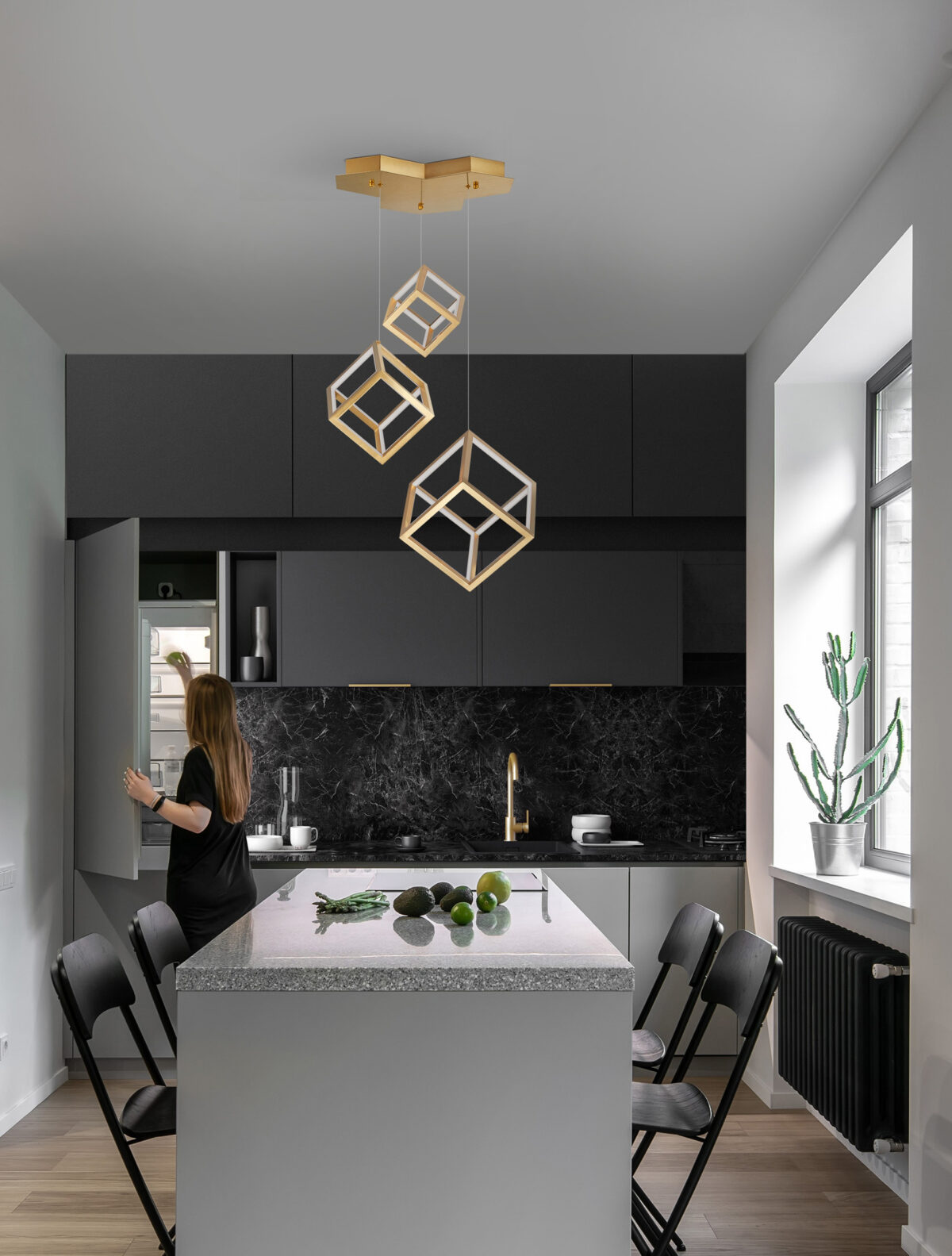 Lustra Gabbia 110W 3000K, Auriu si Aluminiu, Silicon Nova Luce