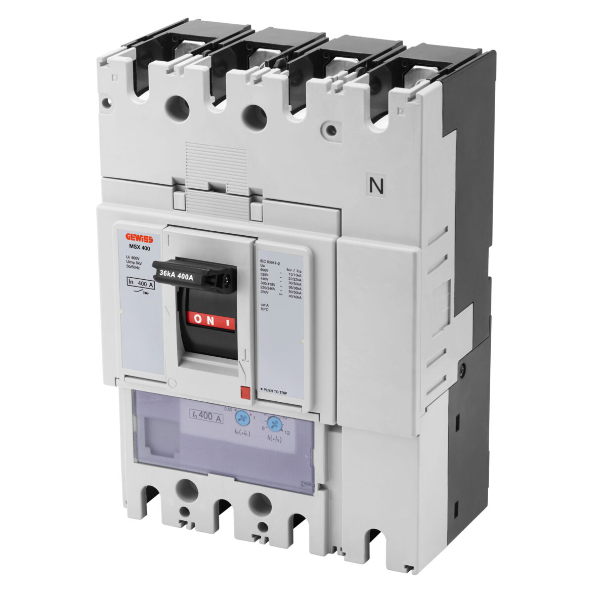 MSX 400 – Intrerupatoare Automate Cutie Turnata – Eliberare Magnetica Termica si Reglabila – 36KA 3N+P 400A 690V MSX 400 - Intrerupatoare Automate Cutie Turnata - Eliberare Magnetica Termica si Reglabila Reglabila - 50KA 4P 400A 690V