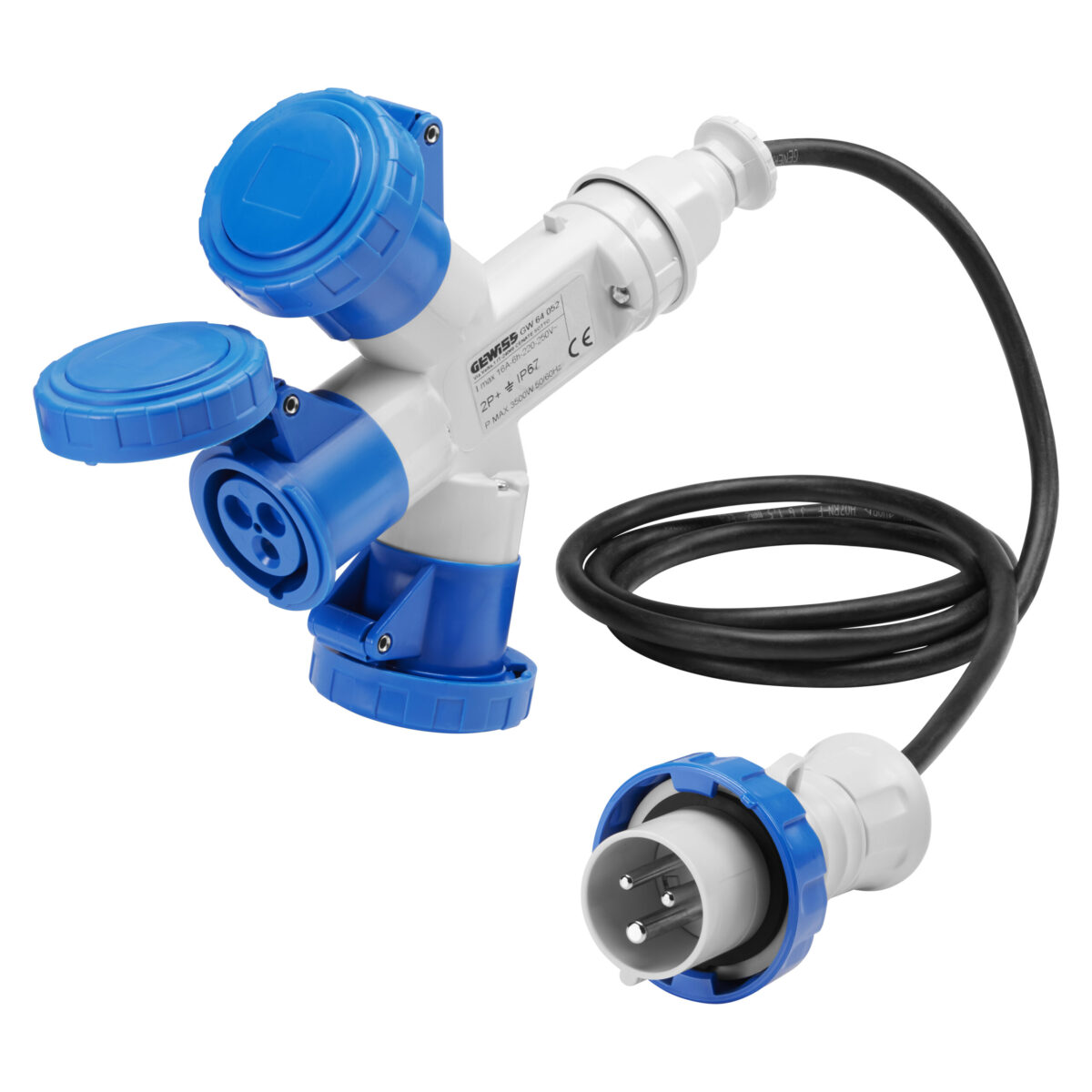 Multiple Socket-couplers 3 Iesiri IP67 – Cablu Flexibil 2M – Fisa 16A – 2 Prize 2P+E 230V 50/60HZ – Albastru – 6H Multiple Socket-couplers 3 Iesiri IP67 - Cablu Flexibil 2M - Fisa 16A - 2 Prize 2P+E 230V 50/60HZ - Albastru - 6H