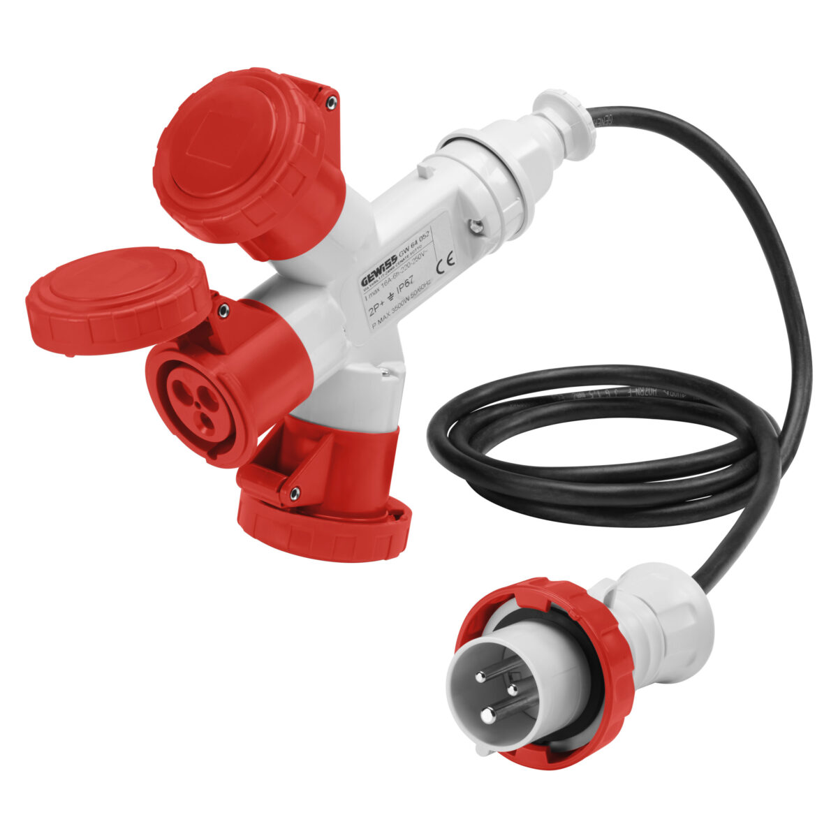 Multiple Socket-couplers 3 Iesiri IP67 – Cablu Flexibil 2M – Fisa 16A – 2 Prize 3P+E 400V 50/60HZ – Rosu – 6H Multiple Socket-couplers 3 Iesiri IP67 - Cablu Flexibil 2M - Fisa 16A - 2 Prize 3P+N+E 400V 50/60HZ - Rosu - 6H