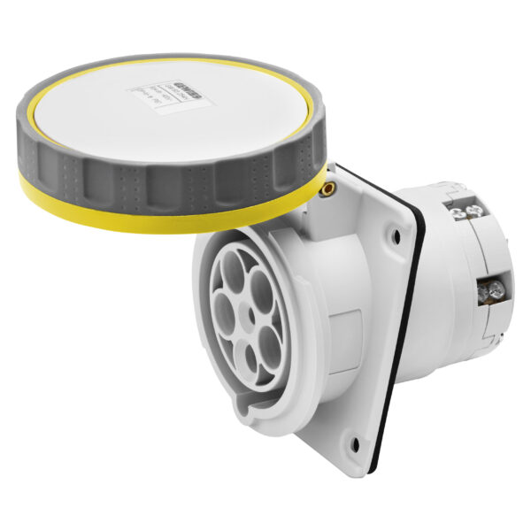 Priza industriala Montaj Incastrat in Unghi de 10° IP66/IP67 - 3P+N+E 63A 100-130V 50/60HZ - Galben - 4H - Terminal Manta