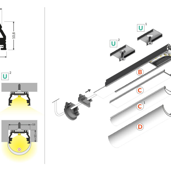 Profil LED UNI12 BCD/U 3000 mm - Anodizat - TOPMET