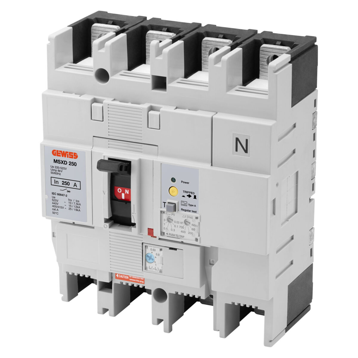Msxd 160 – Mccb’s cu Prot. Curent Rezidual Adj Mag. Termica si Fixa Eliberare – Reglare Curent Rezidual Eliberare – 36KA 3P+N 160A 525V Protectie la Curent Rezidual Msxd 250-MCCB' S - Eliberare Termica si Magnetica Fixa Reglabila/Protectie la Curent Rezidual - 25KA 3P+N 250A 525V