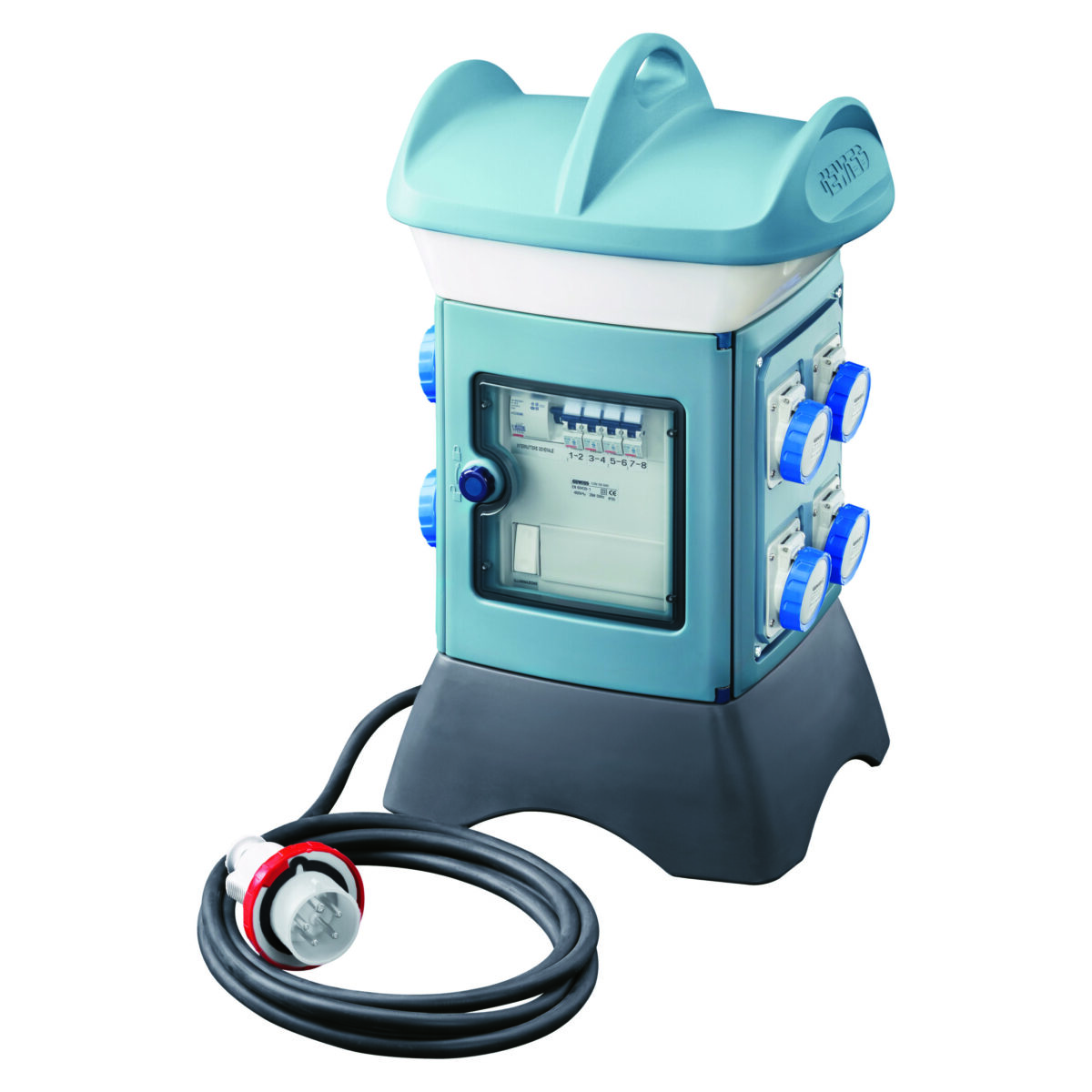 QMC16T Acs - Cablat - Cu Cablu si Fisa - 2 2P+E 16A IEC 309 + 1 3P+E 16A IEC309 + 2 3P+N+E 16A IEC309 + 1 3P+N+E 32A IEC309 - IP56 - Albastru Deschis