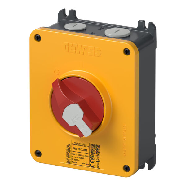 Separator de Sarcina Rotativ - Hp - Montare Aparenta - Urgenta - Carcasa din Aluminiu - 32A 3P - Buton Rotativ Rosu Blocabil - IP66/IP69