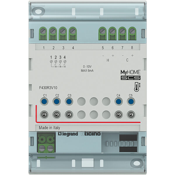 Actuator cu 3 relee si 2 iesiri 0-10 V pentru ventiloconvectoare cu vane proportionale 0-10 V Bticino F430R3V10
